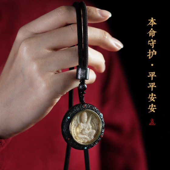猛犸象牙佛牌吊坠马年本命佛菩萨黑檀木镶嵌转运男女高端饰品挂链