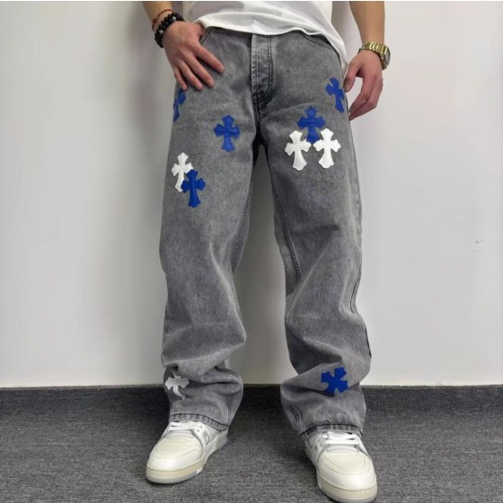 美式复古潮流破洞十字架牛仔裤