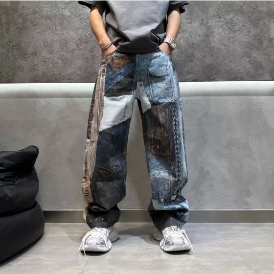 海淘阔裤腿拼接拼色牛仔裤