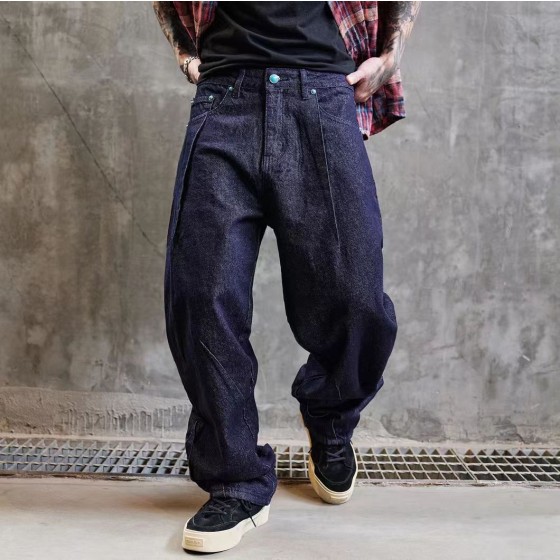海淘水洗原色褶皱设计宽松牛仔裤