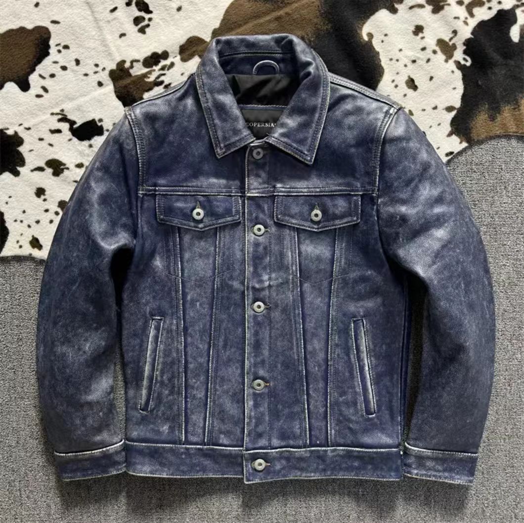 牛仔做旧蓝色翻领头层牛皮夹克